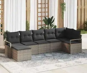 Set de canapele de grădină vidaXL cu 7 piese și perne Gri Ratan Poli