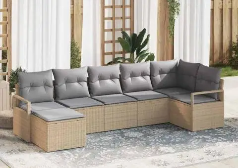 Set de canapele de grădină cu 7 piese și perne Bej Ratan Poliester - 1/5