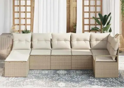 Set de canapea de 7 piese pentru grădină cu perne Bej Ratan Poliester - 1/5