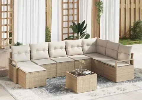 Set de canapea de grădină cu 9 piese cu perne ratan polimeric maro - 1/5