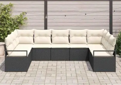 Set de canapea pentru grădină cu 9 piese și perne din poliratan negru - 3/5
