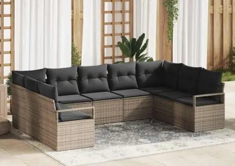 Set de canapele de grădină 9 piese cu perne gri din ratan poli - 1/5
