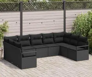 Set de canapea de grădină vidaXL 9 piese cu perne Negru Ratan Poliratan