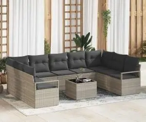 Set de canapea de grădină din 10 piese cu perne gri din ratan poliester