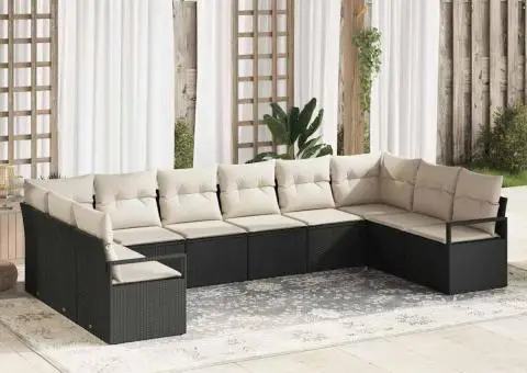 Set Canapea cu 10 Piese cu Perne Negru Ratan Polimer - 1/5