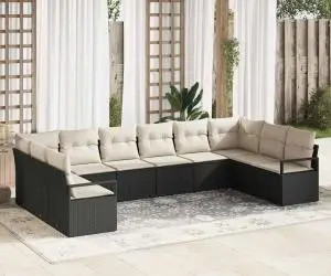Set Canapea cu 10 Piese cu Perne Negru Ratan Polimer