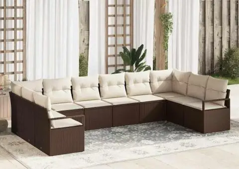 Set Canapea cu 10 Piese cu Pernă Maro Ratan Poli - 1/5