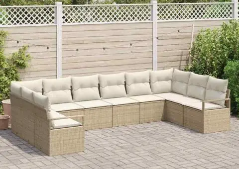 Set de Canape de Grădină cu 10 Piese cu Perne Bej din Ratan Poli - 3/5