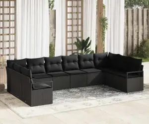 Set Canapele Grădină 10 Piese cu Perne Ratan Negru Polimer