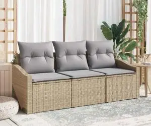 vidaXL Set de canape din grădină de 3 piese cu perne Bej din ratan polimer