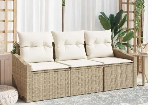 Set de Canapea de 3 Piese cu Perne Bej Poli Ratan - 1/5