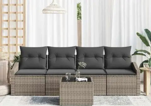 Set de canapea de grădină cu 5 piese și perne gri din ratan poli - 3/5