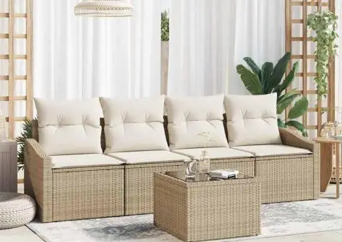 Set canapea pentru grădină cu 5 piese și perne bej din poli ratan - 1/5