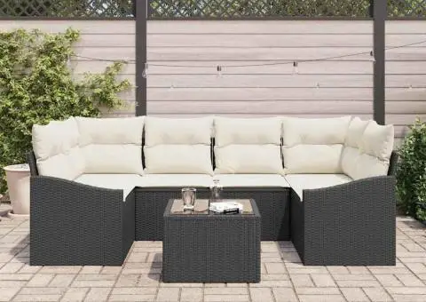 Set de 7 Piese de Sofa de Grădină cu Perne Ratan Negru Poli - 3/5