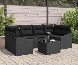 Set de canapea pentru grădină , 7 piese, cu perne, Negru, Poliratan