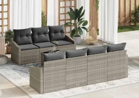 Set Canapele Grădină cu 8 Piese și Perne Poli Ratan Gri Deschis - 1/5