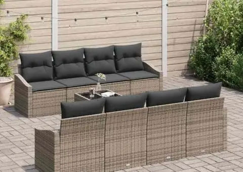 Set de Canapea de Grădină cu 9 Piese și Perne Gri din Poliratan - 3/5