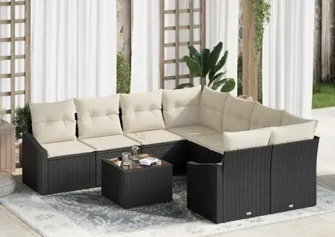 Set de 9 piese Canapea Grădină cu Perne Neagră din Ratan Poli - 1/5