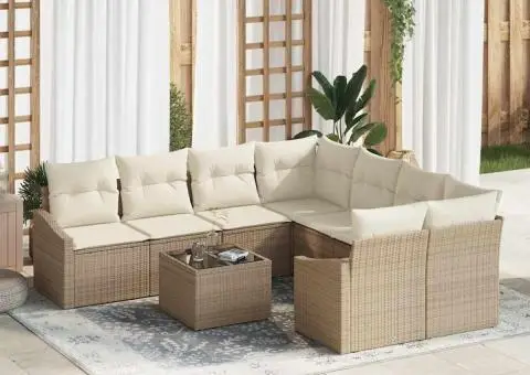 Set de canapea de grădină cu 9 piese și perne bej din ratan sintetic - 1/5