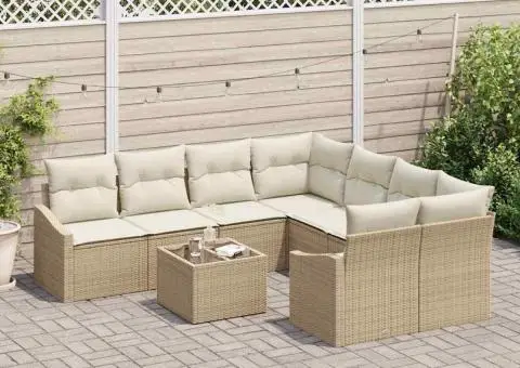 Set de canapea de grădină cu 9 piese și perne bej din ratan sintetic - 3/5