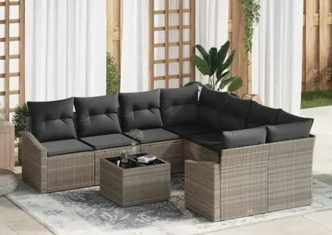 Set de Canapea pentru Grădină 9 Piese cu Pături Gri Deschis Poliratan - 1/5