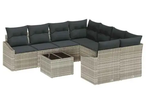 Set de Canapea pentru Grădină 9 Piese cu Pături Gri Deschis Poliratan - 2/5