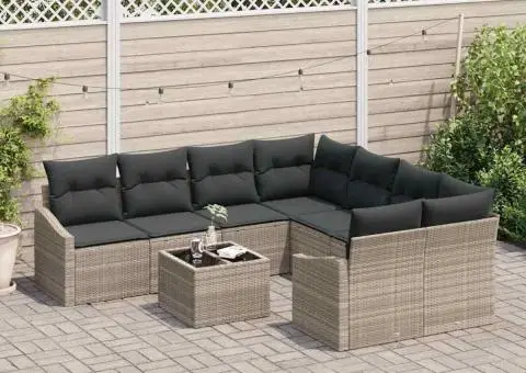 Set de Canapea pentru Grădină 9 Piese cu Pături Gri Deschis Poliratan - 3/5