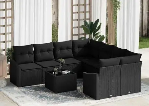 Set de canapea pentru grădină , 9 piese, cu perne, ratan negru - 1/5