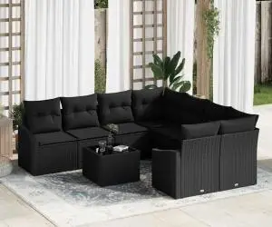 vidaXL Set de canapea pentru grădină , 9 piese, cu perne, ratan negru