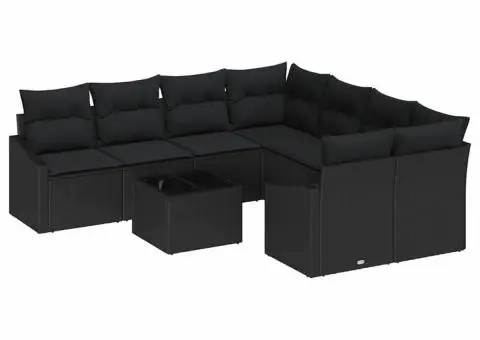 Set de canapea pentru grădină , 9 piese, cu perne, ratan negru - 2/5