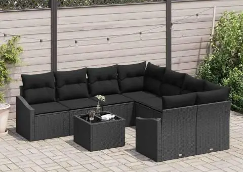 Set de canapea pentru grădină , 9 piese, cu perne, ratan negru - 3/5