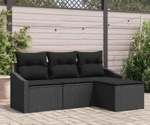 vidaXL Set de Canapea de Grădină cu Perne Negre din Rattan Poli