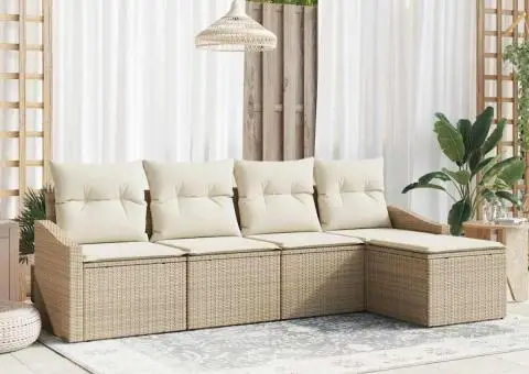 Set de canapea de grădină 5 piese cu perne, bej, ratan poliesteric - 1/5