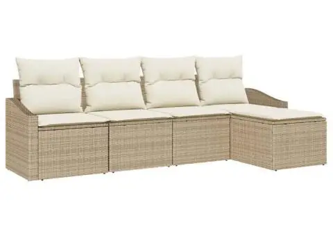 Set de canapea de grădină 5 piese cu perne, bej, ratan poliesteric - 2/5