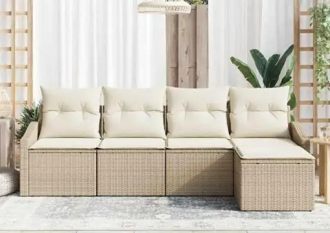 Set de canapea de grădină 5 piese cu perne, bej, ratan poliesteric - 3/5