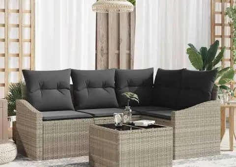 Set de Sofa pentru Grădină de 5 Piese cu Perne Gri din Poli Rattan - 1/5