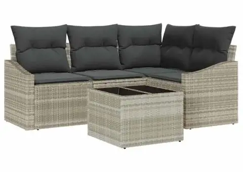 Set de Sofa pentru Grădină de 5 Piese cu Perne Gri din Poli Rattan - 2/5