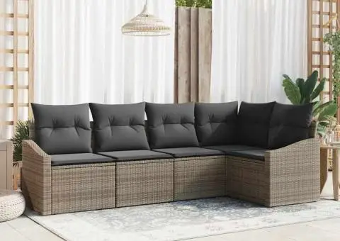 Set canapea de grădină de 5 piese cu perne gri din ratan poliesteric - 1/5