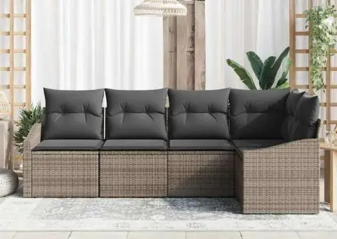 Set canapea de grădină de 5 piese cu perne gri din ratan poliesteric - 3/5