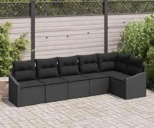 Set canapele pentru grădină cu 6 piese cu perne, negru, poli ratan