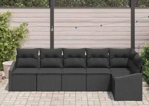 Set canapele pentru grădină cu 6 piese cu perne, negru, poli ratan - 3/5