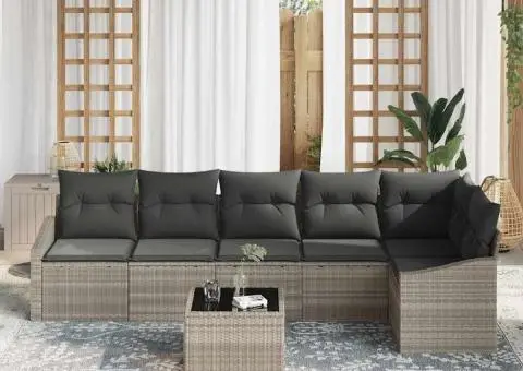 Set de canapea pentru grădină 7 piese cu perne gri din poliratan - 3/5