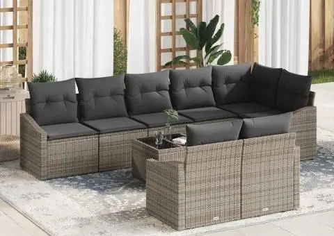 Set de canapea de grădină de 8 piese cu perne din ratan poli gri - 1/5