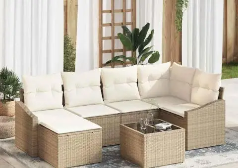 Set de Canapea pentru Grădină cu 7 Piese și Pernuțe Marron din Ratan Poli - 1/5