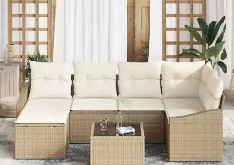 Set de Canapea pentru Grădină cu 7 Piese și Pernuțe Marron din Ratan Poli - 3/5