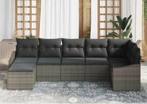 Set 7 Piese Canapea Grădină cu Perne Ratan Poli Gri - 3/5