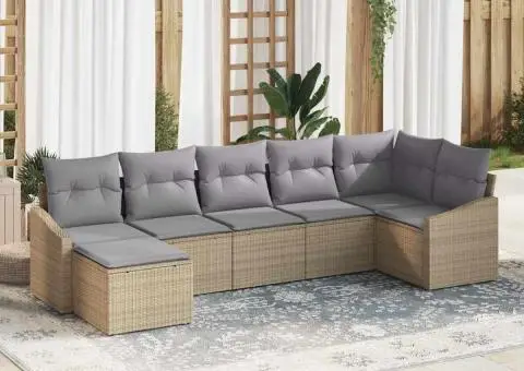 Set canapea de grădină cu 7 piese și perne Bej Poliratan - 1/5