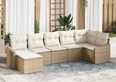 Set canapea 7 piese cu perne Bej Poli Ratan - 1/5