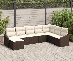 Set canapea de grădină 8 piese cu pernute, Maro, Ratan poli