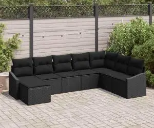Set de canapea pentru grădină de 8 piese cu perne Poliratan negru